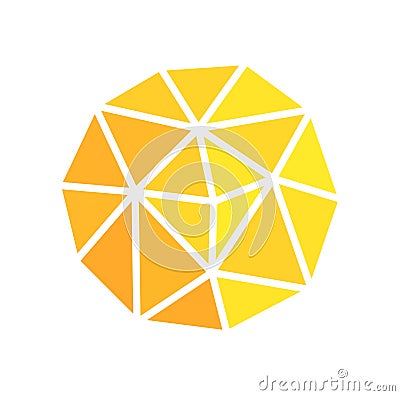 Low poly orange and yellow sun symbol or logo. Vector Illustration