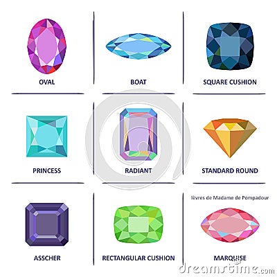 Low poly popular colored flat lay gems cuts infographics Vector Illustration