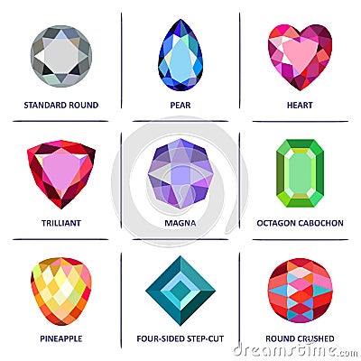 Low poly popular colored gems cuts infographics Vector Illustration