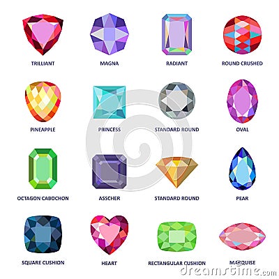 Low poly popular colored gems cuts infographics Vector Illustration