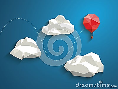 Low poly red balloon flying between polygonal Vector Illustration