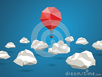 Low poly red balloon flying between polygonal Cartoon Illustration