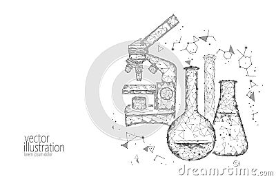 Low poly science chemical glass flasks. Magical equipment microscope zoom lens polygonal triangle white monochrome Vector Illustration