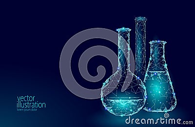 Low poly science chemical glass flasks. Magical equipment polygonal triangle blue glowing research future technology Vector Illustration