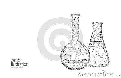 Low poly science chemical glass flasks. Magical equipment polygonal triangle gray white monochrome abstract research Vector Illustration