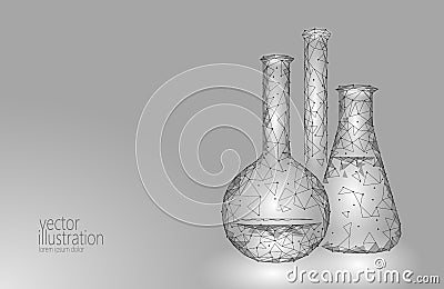 Low poly science chemical glass flasks. Magical equipment polygonal triangle gray white monochrome abstract research Vector Illustration