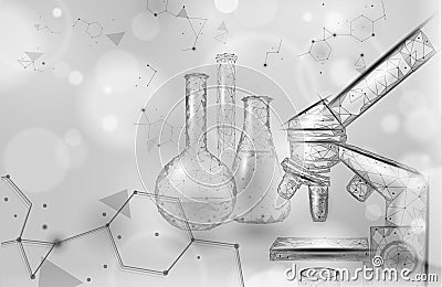 Low poly science chemical glass flasks. Scientific equipment polygonal triangle blue glowing design. Future technology Vector Illustration