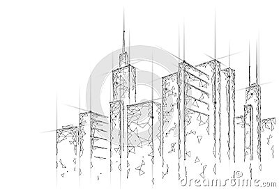 Low poly smart city 3D wire mesh. Intelligent building automation system business concept. Web online computer Vector Illustration