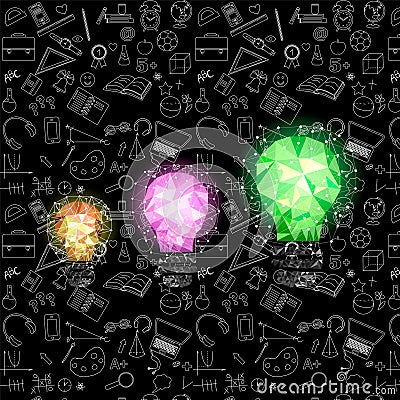 Low Poly Style Light purple blue and green bulb. Vector abstract Illustration on black school, science background Vector Illustration