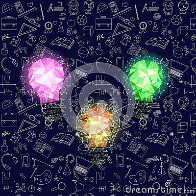 Low Poly Style Light purple blue and green bulb. Vector abstract Illustration on blue school, science background Vector Illustration