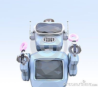 Low poly style retro robot enjoying VR game Stock Photo