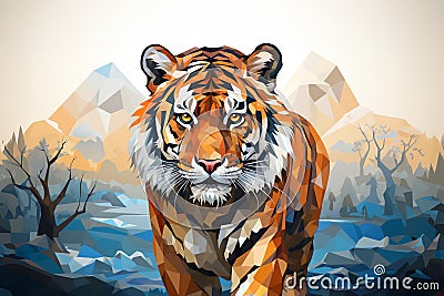 Low poly tiger with forest mountain illustration generative ai Cartoon Illustration