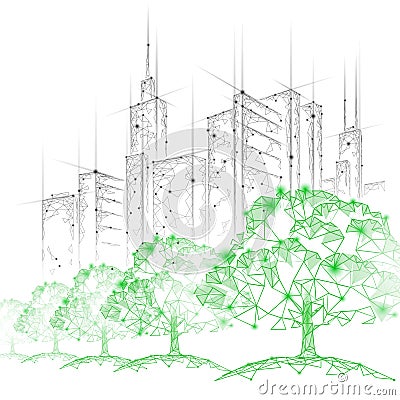 Low poly tree park cityscape. Ecology save nature concept. Eco idea forest in urban skyscrape city. Environmental Vector Illustration