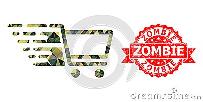 Grunge Zombie Stamp And Shopping Cart Polygonal Mocaic Military Camouflage Icon Vector Illustration