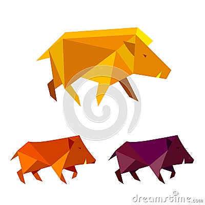 Low poly wild boar. Polygonal geometric style pig sign. Set of m Stock Photo