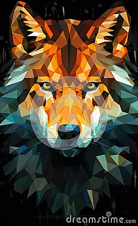 A low poly wolf or fox head on a black background, AI Stock Photo