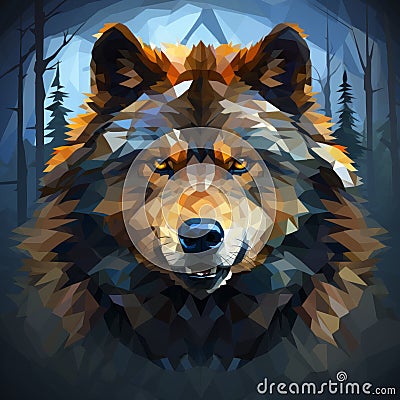 low poly wolf head in the woods Stock Photo