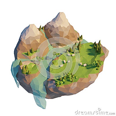 Low polygonal geometric wild nature in mountains. Sheeps in field near river on island. Abstract 3d Illustration, low poly style Stock Photo