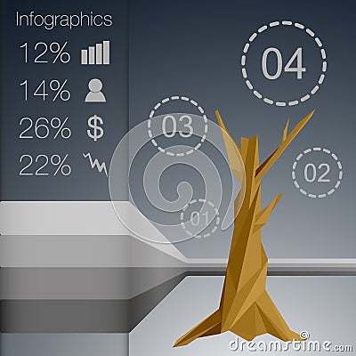 Low polygonal infographics tree with different symbols. Vector Illustration