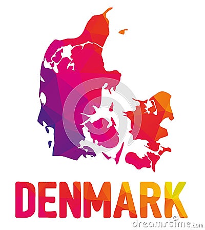Low polygonal map of Kingdom of Denmark with Denmark typo sign Vector Illustration