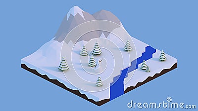 Low polygonal winter with snowman in mountain Stock Photo