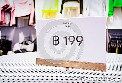 Low Price Tag of 199 Thai Bahts for Clothing in a Store Stock Photo