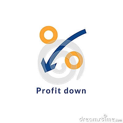 Low rate profit cost icon. Reduction cost decrease percent profit down sign Vector Illustration