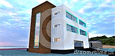 Low-rise suburban apartment building with white facade constructed on the sea shore on the sand empty beach. Garage with metal Stock Photo