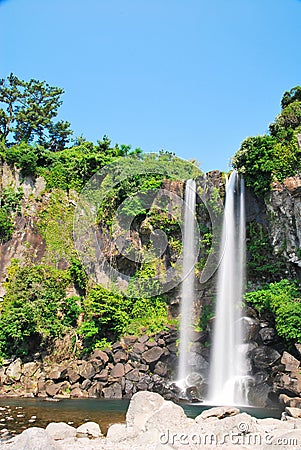 Low shot of majestic waterfall Stock Photo