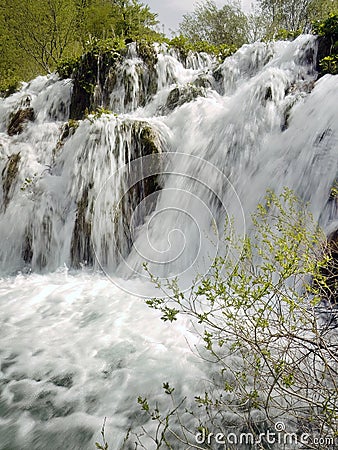 Low shutter speed of beautiful waterfalls, Plitvice lakes national park UNESCO, dramatic unusual scenic, green foliage alpine Stock Photo