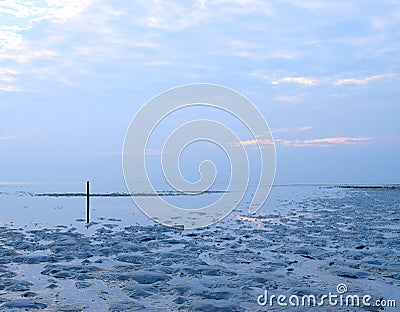 Low Tide at Beach - Infinity at Horizon and Cloudy Sky at Dawn - Peace, Stillness, and Tranquility Stock Photo