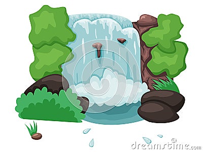 Low tropical waterfall and rock isolated on white background. River stream flowing throw rocks Vector Illustration
