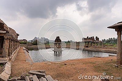 Low view on Krishna Tank with shrine, Hampi, Karnataka, India Stock Photo