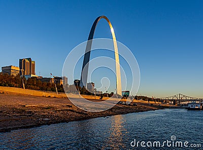 Unusual view of St Louis and Gateway Arch from Mississippi river Stock Photo