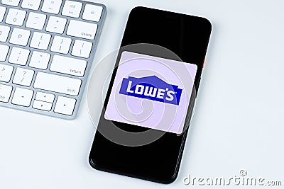 Lowe`s app logo on a smartphone screen. Manhattan, New York, USA May 2, 2020. Editorial Stock Photo