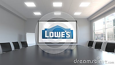 Lowe`s logo on the screen in a meeting room. Editorial 3D rendering` Editorial Stock Photo