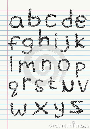 Lower case scribble alphabet on notebook paper Vector Illustration