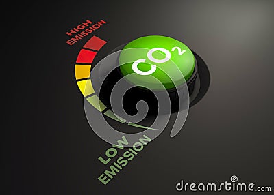 Lower CO2 emissions to limit global warming and climate change. Concept with knob to reduce levels of CO2 Stock Photo