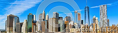 Lower Manhattan from Brooklyn Bridge which across the East Rive Editorial Stock Photo