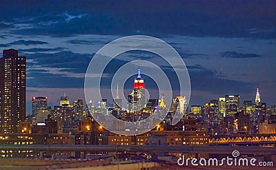 Lower Manhattan night skyline, NYC Stock Photo