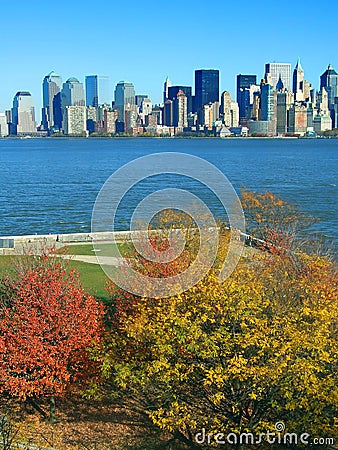 Lower Manhattan seen from Liberty Island Stock Photo