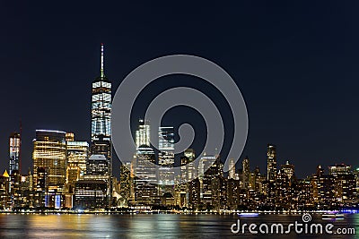 Lower Manhattan Skyline at night, NYC Editorial Stock Photo