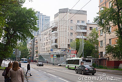 Lower Presnya residential building, people and cars in Moscow 1 Editorial Stock Photo