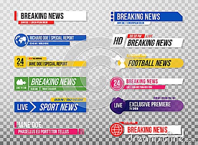 Lower third template. Set of TV banners and bars for news and sport channels, streaming and broadcasting. Collection of lower thir Vector Illustration