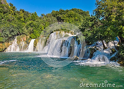 Lower waterfall Skradinski Buk on a sunny day. Stock Photo
