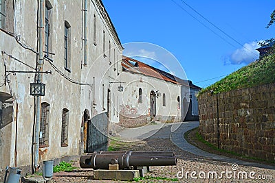 The lower yard with guns in Vyborg Castle, Russia Stock Photo