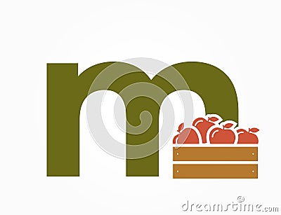 lowercase letter m with apple crate. fruit and organic food text logo. harvest and gardening design Vector Illustration