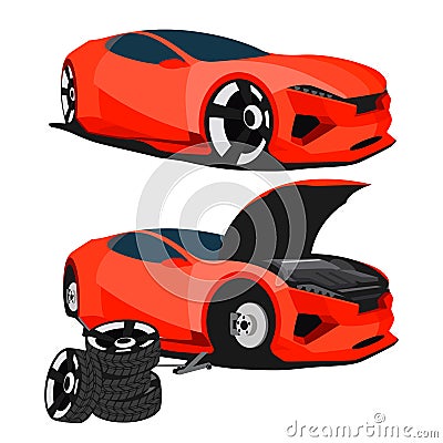 Lowpoly auto service, sedan car without wheels Vector Illustration