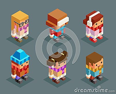 Lowpoly children winter clothes isometric boys girls christmas kids characters set new year 3d flat cartoon design Vector Illustration