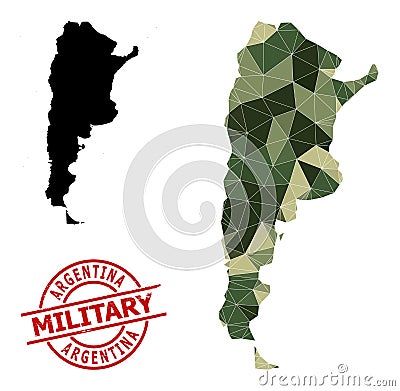 Lowpoly Mosaic Map of Argentina and Scratched Military Badge Vector Illustration